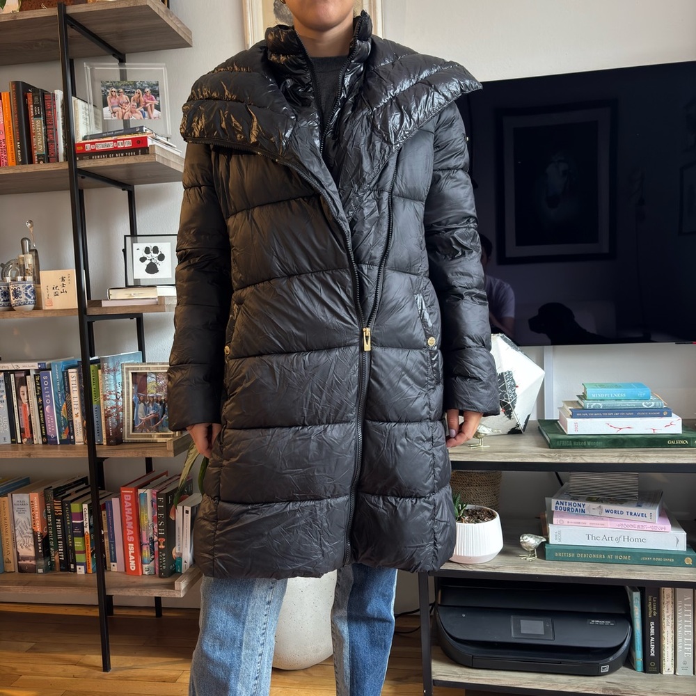 Via Spiga Black Quilted Long Puffer Coat with Oversized Collar